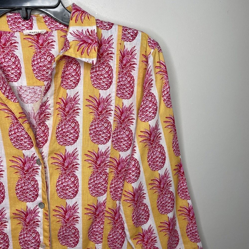 KATIA Cover-Up Womens S / M Pineapple Print Button-Up Tunic Top Linen Blend Pink - Picture 2 of 8